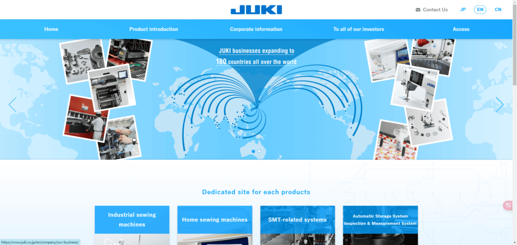 Screenshot of Juki Corporation website, providing advanced pick and place machines for 2024