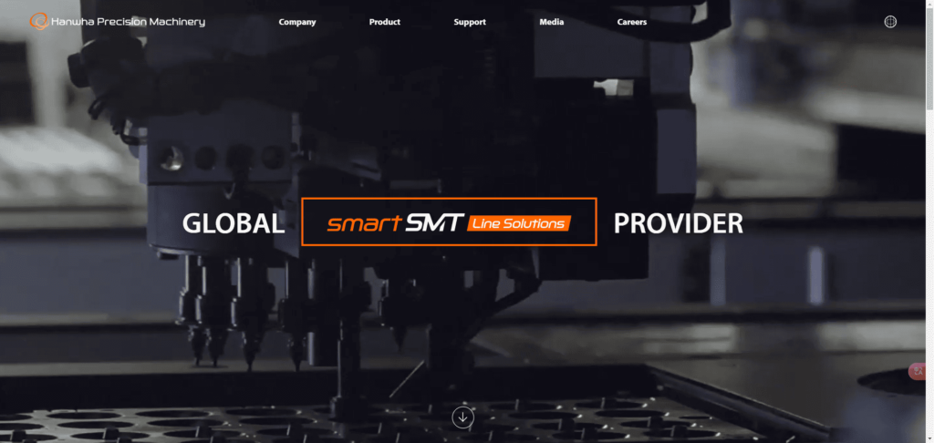 Screenshot of Hanwha Precision Machinery website, leading pick and place machine manufacturer for SMT in 2024