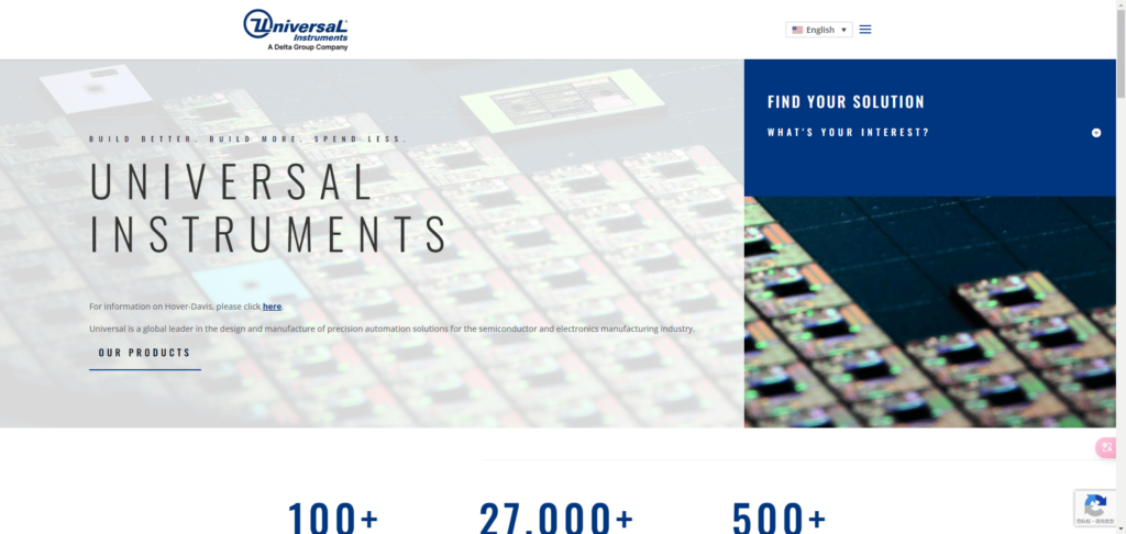 Screenshot of Universal Instruments Corporation website, a leading manufacturer of pick and place machines for SMT in 2024